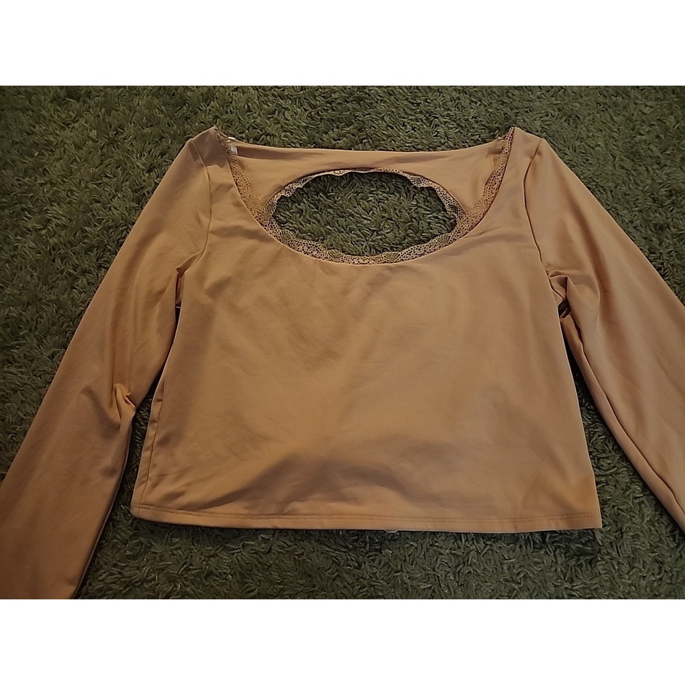 NEW Wild Fable Peach Long Sleeve Lace Trim Open Back Tie Crop Top, Size 2XL